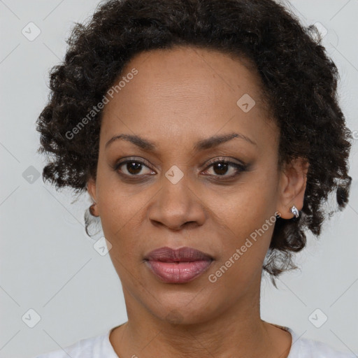 Joyful black adult female with short  brown hair and brown eyes