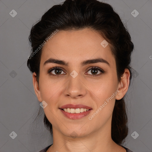 Joyful white young-adult female with medium  brown hair and brown eyes