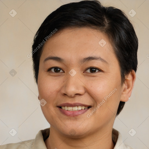 Joyful white young-adult female with short  brown hair and brown eyes