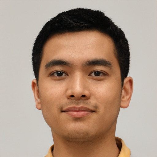Neutral asian young-adult male with short  black hair and brown eyes