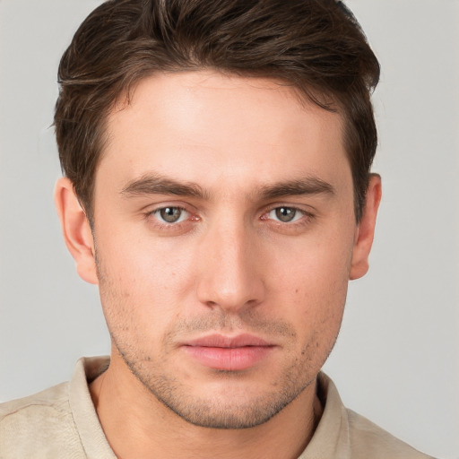 Neutral white young-adult male with short  brown hair and grey eyes