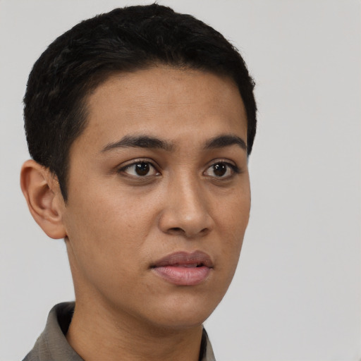 Neutral latino young-adult female with short  black hair and brown eyes