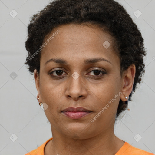 Neutral black young-adult female with short  brown hair and brown eyes