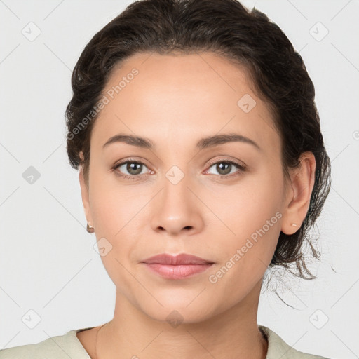 Neutral white young-adult female with medium  brown hair and brown eyes