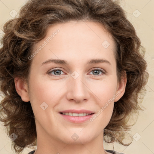 Joyful white young-adult female with medium  brown hair and green eyes