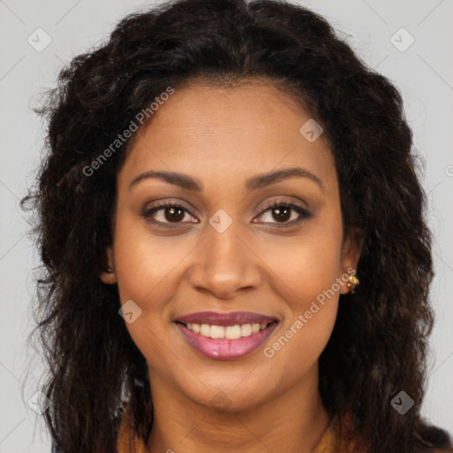 Joyful latino young-adult female with long  brown hair and brown eyes