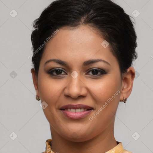 Joyful latino young-adult female with medium  brown hair and brown eyes
