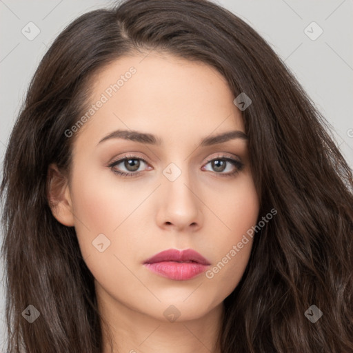 Neutral white young-adult female with long  brown hair and brown eyes