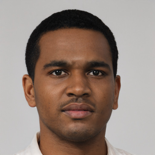 Neutral black young-adult male with short  black hair and brown eyes