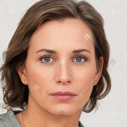 Neutral white young-adult female with medium  brown hair and grey eyes