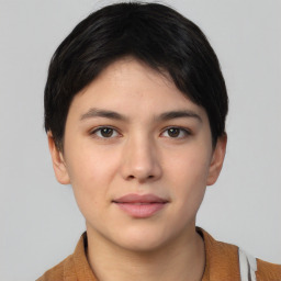 Neutral white young-adult female with short  brown hair and brown eyes