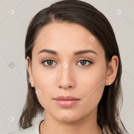 Neutral white young-adult female with medium  brown hair and brown eyes