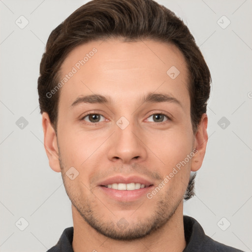 Joyful white young-adult male with short  brown hair and brown eyes