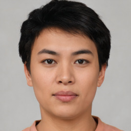 Neutral asian young-adult male with short  black hair and brown eyes