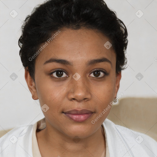 Joyful latino young-adult female with short  brown hair and brown eyes