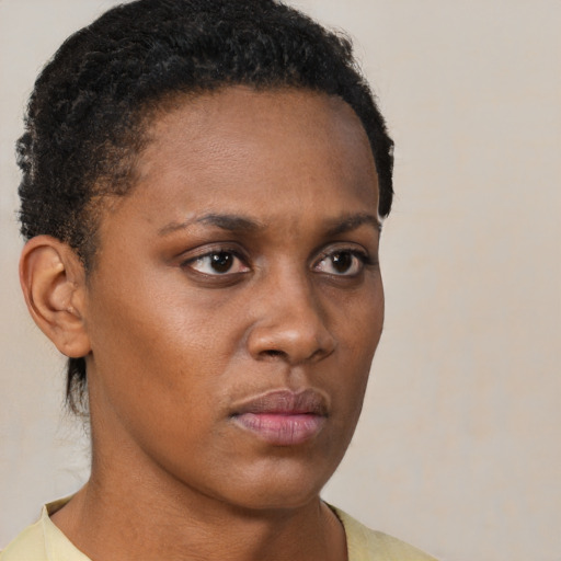 Neutral black young-adult female with short  brown hair and brown eyes