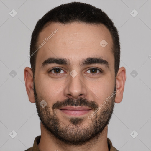 Joyful white young-adult male with short  brown hair and brown eyes