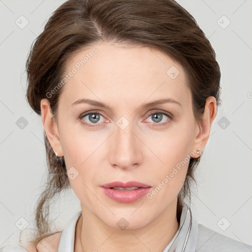 Neutral white young-adult female with medium  brown hair and grey eyes