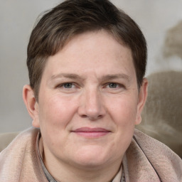 Joyful white adult female with short  brown hair and grey eyes