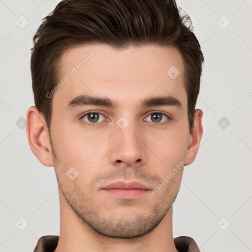 Neutral white young-adult male with short  brown hair and brown eyes