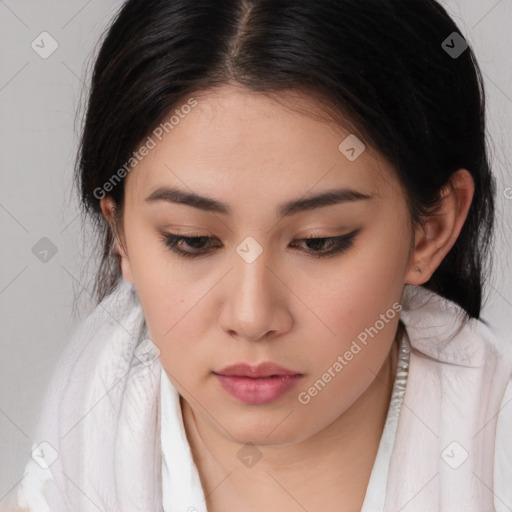 Neutral white young-adult female with medium  brown hair and brown eyes