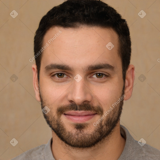 Joyful white young-adult male with short  brown hair and brown eyes