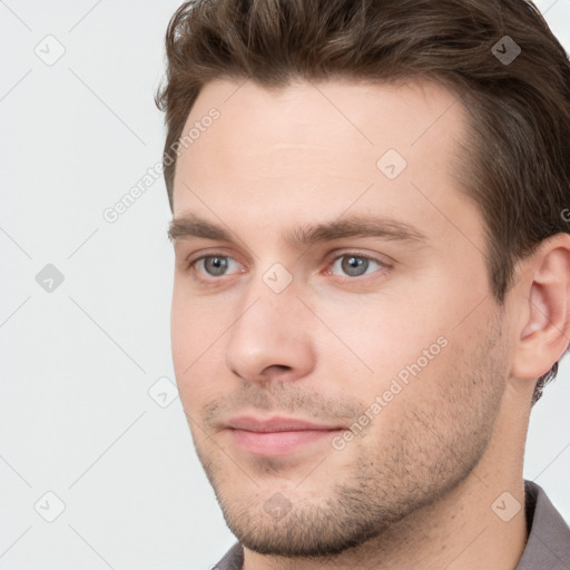 Neutral white young-adult male with short  brown hair and brown eyes