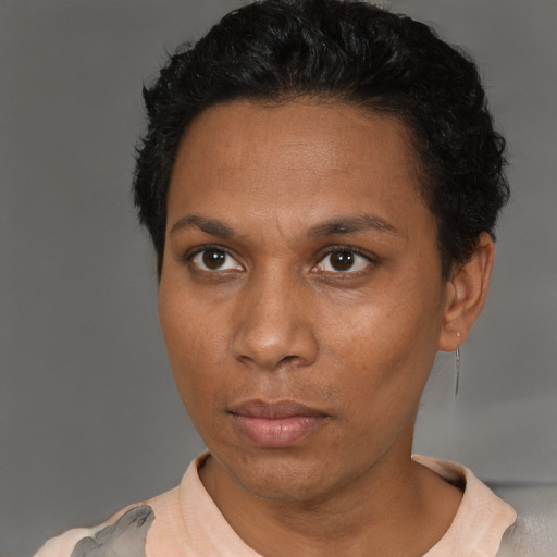 Neutral black adult female with short  black hair and brown eyes