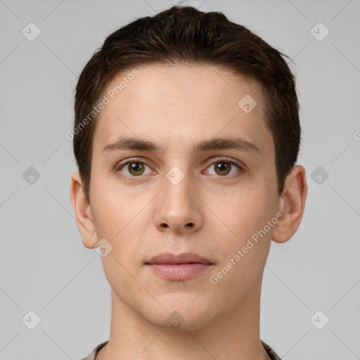 Neutral white young-adult male with short  brown hair and brown eyes