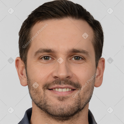 Joyful white young-adult male with short  brown hair and brown eyes