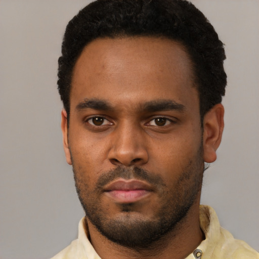 Neutral black young-adult male with short  black hair and brown eyes