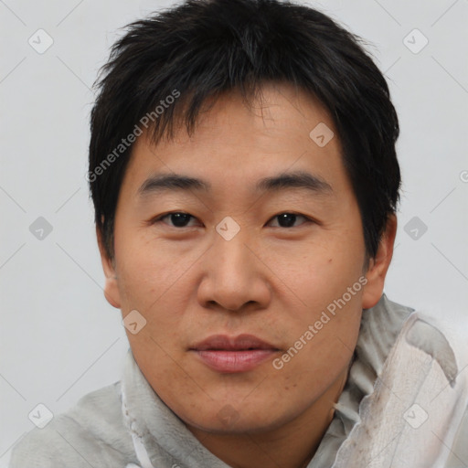 Joyful asian young-adult male with short  brown hair and brown eyes