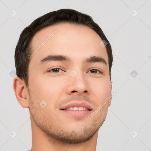 Neutral white young-adult male with short  brown hair and brown eyes