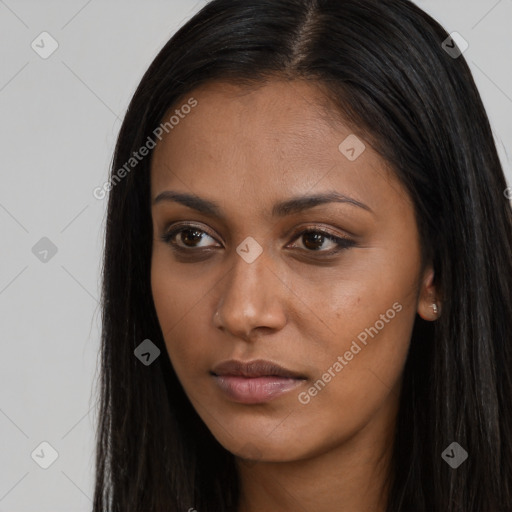 Joyful asian young-adult female with long  brown hair and brown eyes