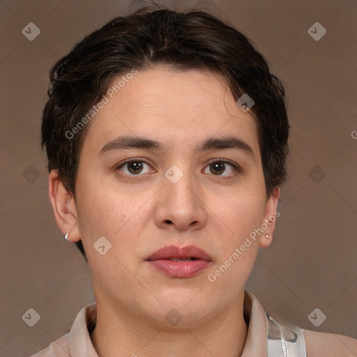 Joyful white young-adult female with short  brown hair and brown eyes