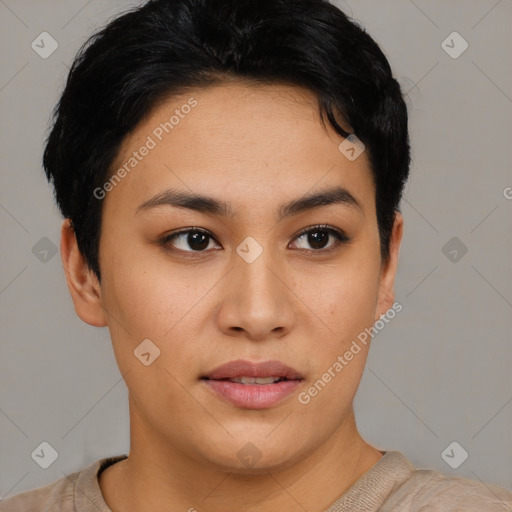 Joyful asian young-adult female with short  brown hair and brown eyes