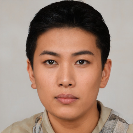 Neutral asian young-adult male with short  black hair and brown eyes