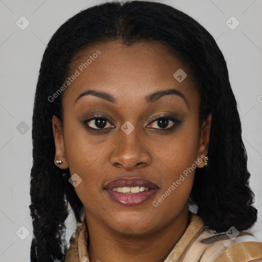 Joyful black young-adult female with long  brown hair and brown eyes