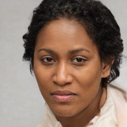 Joyful black young-adult female with long  brown hair and brown eyes