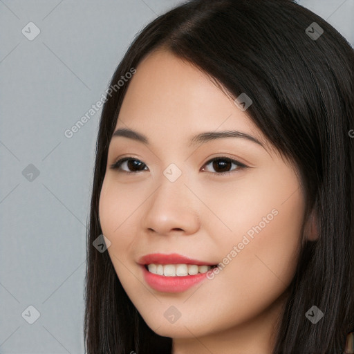 Joyful white young-adult female with long  black hair and brown eyes