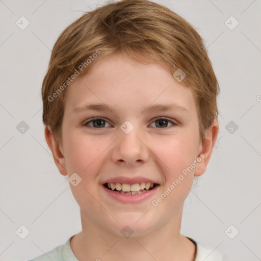 Joyful white child female with short  brown hair and brown eyes