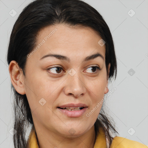 Joyful white young-adult female with medium  brown hair and brown eyes