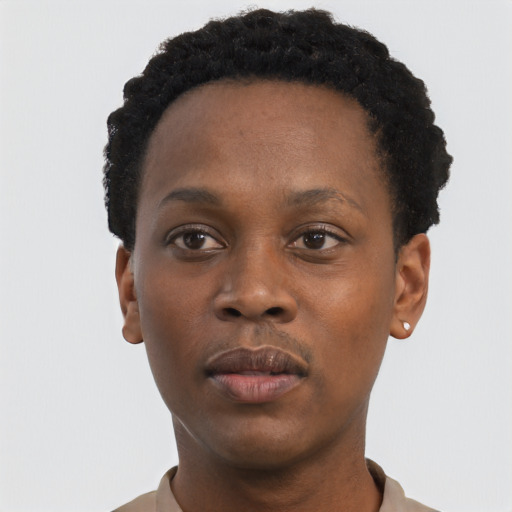 Neutral black young-adult female with short  black hair and brown eyes