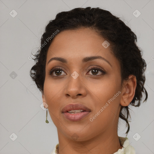 Joyful latino young-adult female with short  brown hair and brown eyes