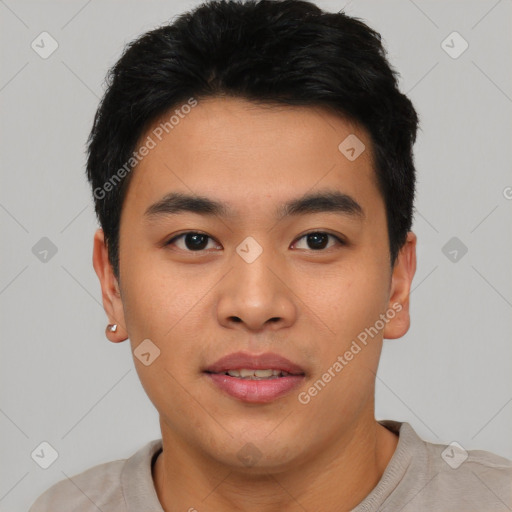 Joyful asian young-adult male with short  black hair and brown eyes