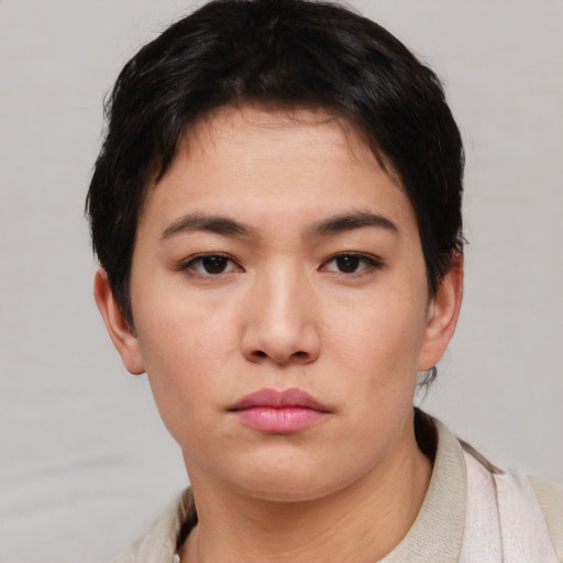 Neutral asian young-adult female with short  brown hair and brown eyes