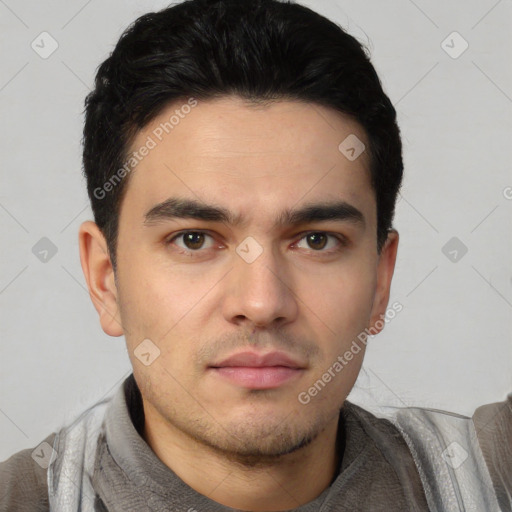 Neutral white young-adult male with short  black hair and brown eyes