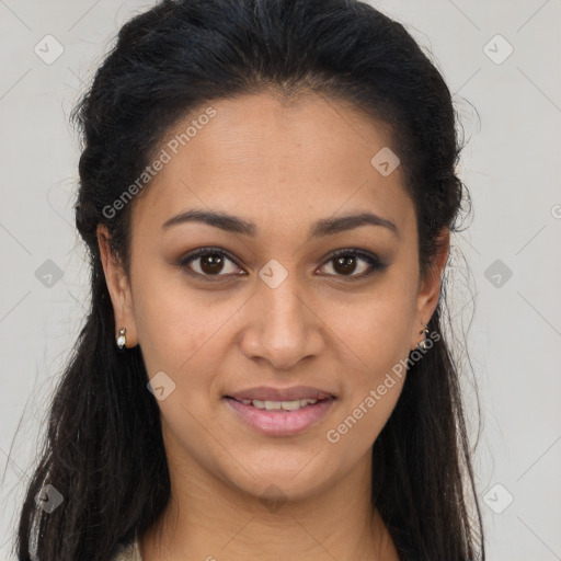 Joyful latino young-adult female with long  brown hair and brown eyes