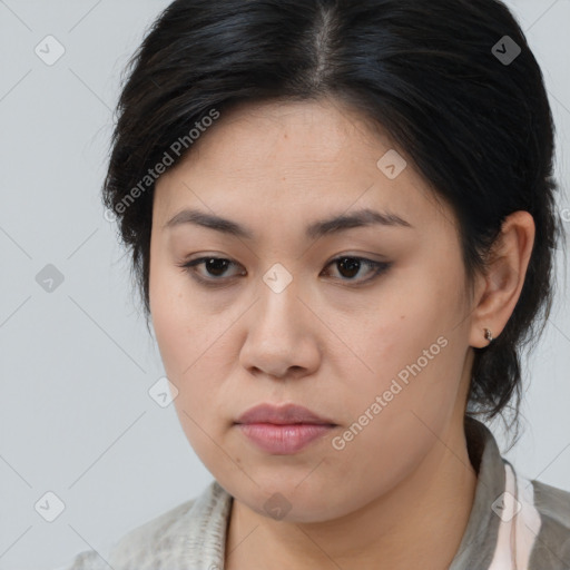 Neutral asian young-adult female with medium  brown hair and brown eyes