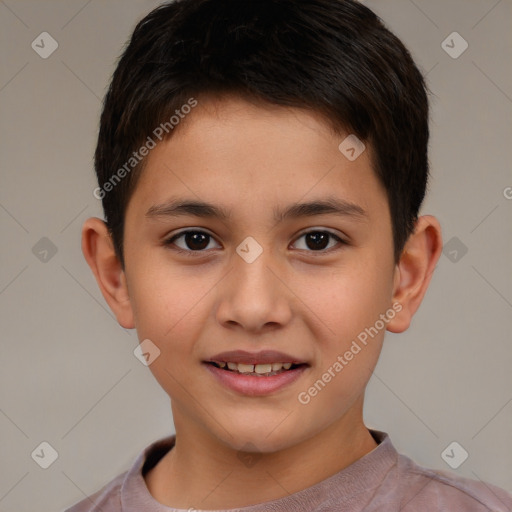 Joyful white child male with short  brown hair and brown eyes